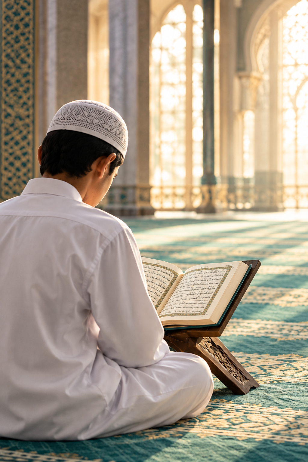 طالب يقرأ في القرآن الكريم داخل المسجد